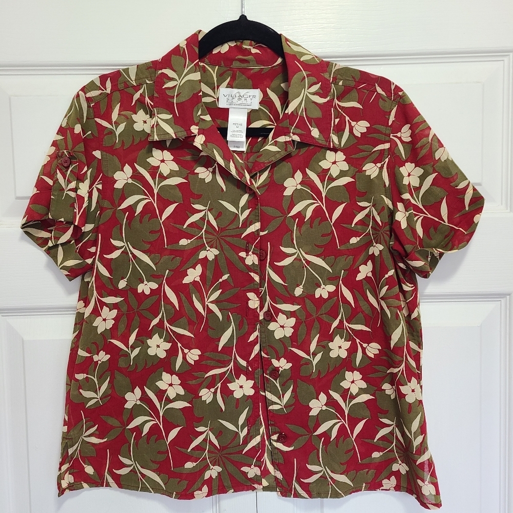 Vintage‎ Villager Sport Petite Floral Red Cream Green Women's Shirt PM
